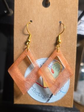 Shimmery Peach Geometric Drop Earrings with Gold Hooks